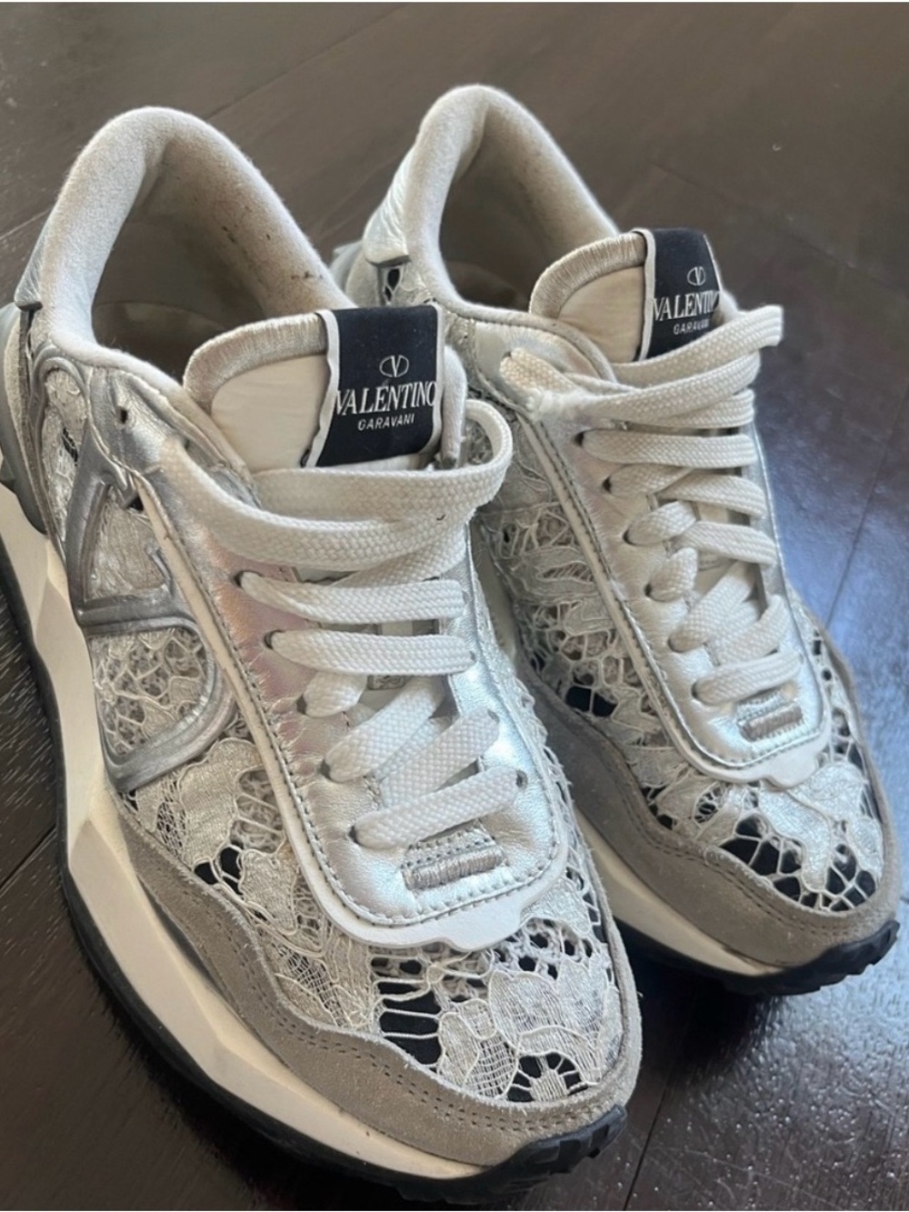 Valentino White and Silver Lace Sneakers shoes 35.5 5.5